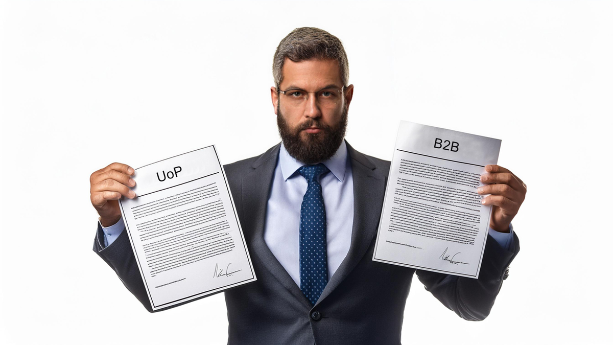 Mężczyzna trzymający dwie umowy - UoP i B2B