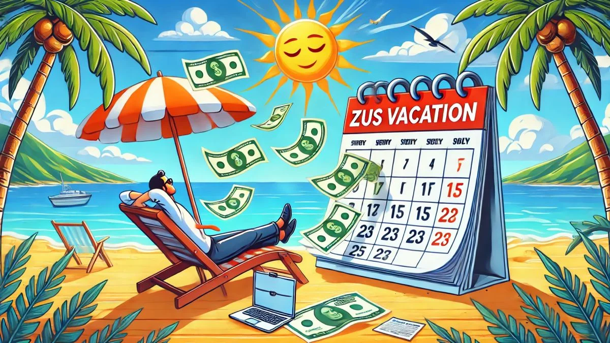 Ilustracja przedsiębiorcy leżącego na plaży w słońcu, cieszący się wakacjami od składek zus