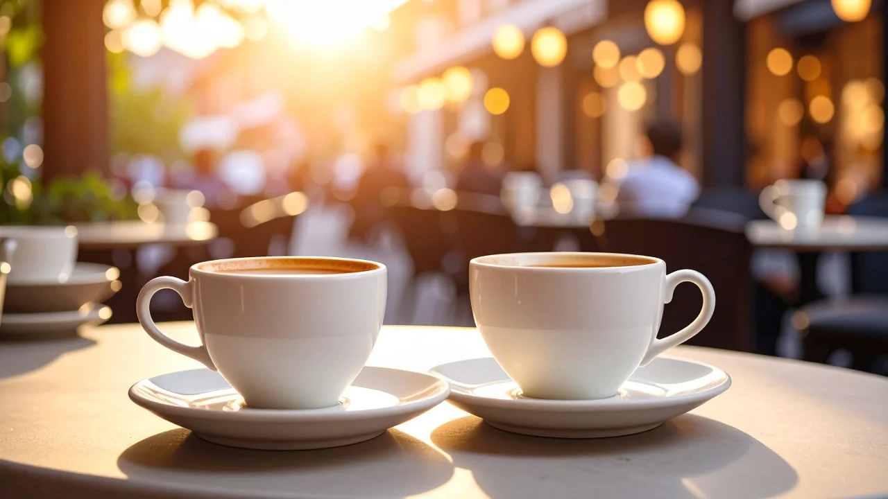 Kawa i herbata na stoliku w restauracji o zachodzie słońca